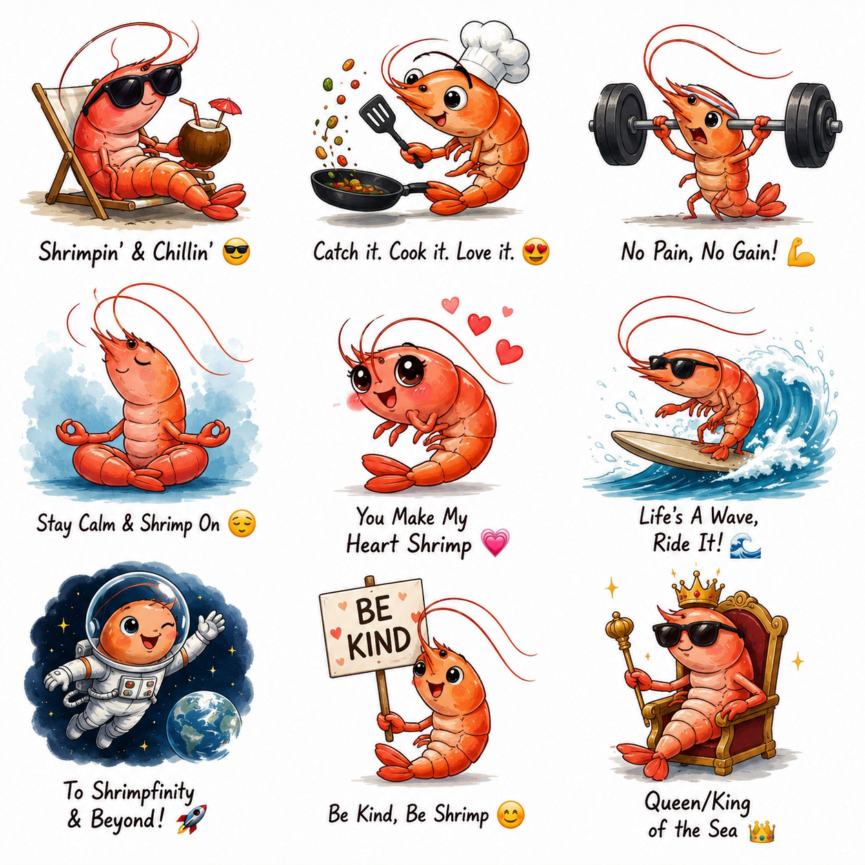 Grid of captioned digital illustrations of a cartoon shrimp