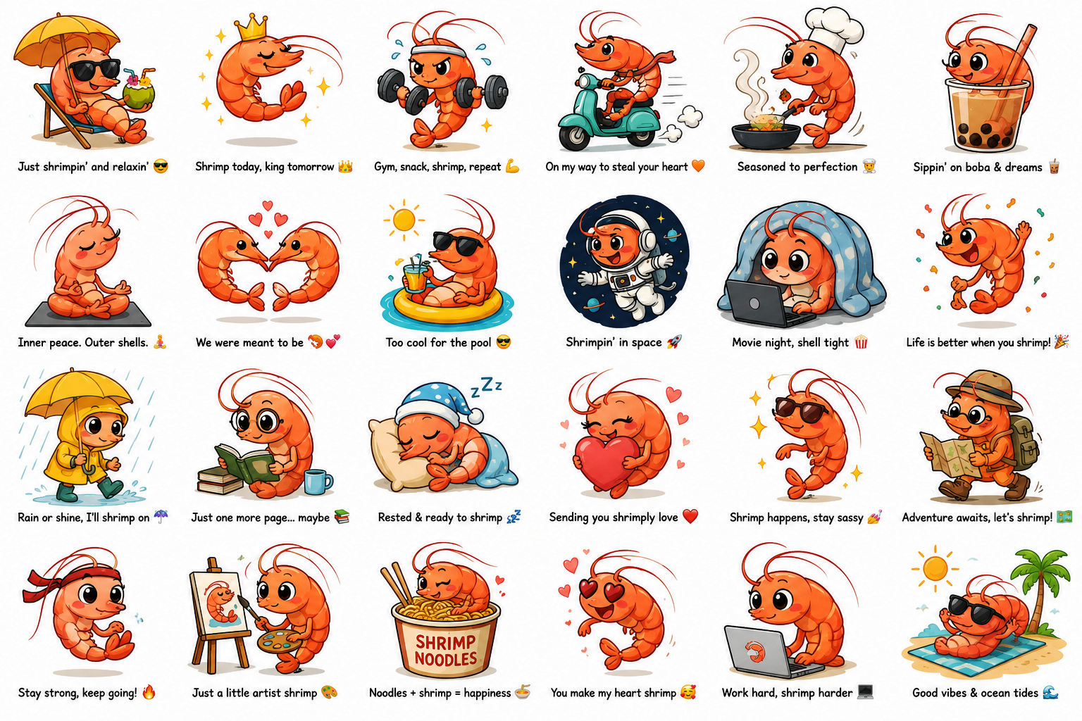 Grid of captioned digital illustrations of a cartoon shrimp