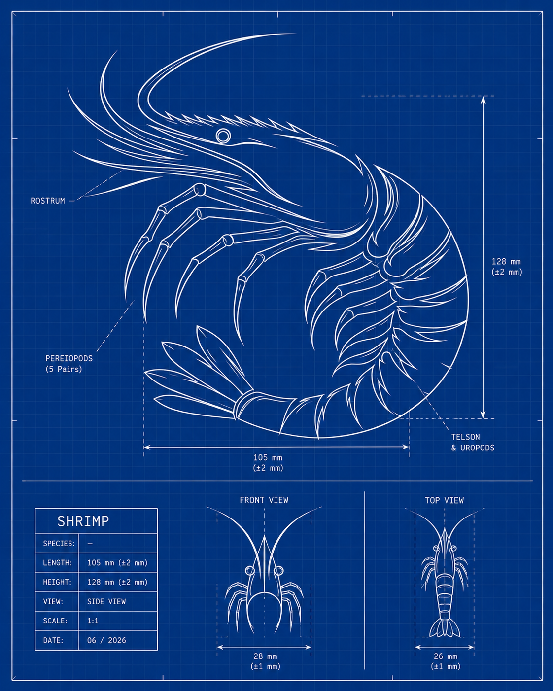 Shrimp photo annotated with hand-drawn labels and notes