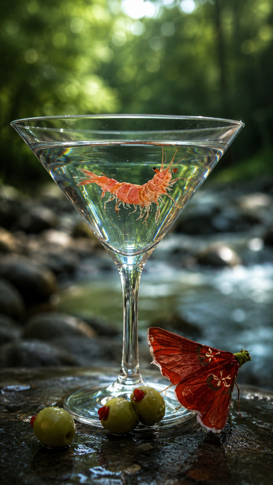 Shrimp composited into a martini glass in a surreal forest scene