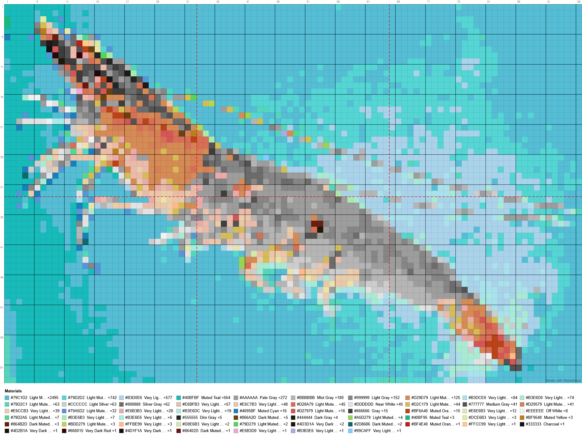 Shrimp rendered as a cross-stitch style pixel/bead pattern